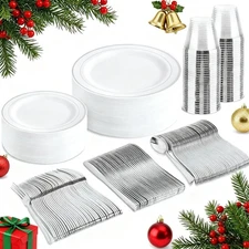 bUCLA 150-Piece Silver Disposable Dinnerware Set - White Plastic Plates with Sil