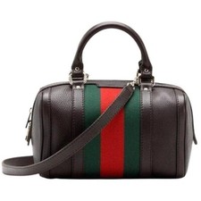 100% Authentic Gucci Boston Medium Brown Leather Shoulder Bag Web Accent EUC