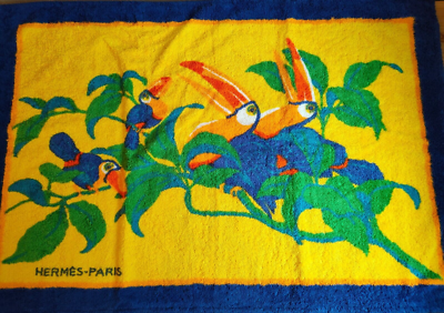 HERMES Paris Small Bath Towel Bath Mat Cotton 100% Toucan Birds
