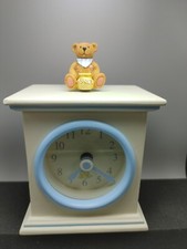 Nursery Teddy Bear Musical Clock Cream  Blue. Plays Go To Sleep Clock works