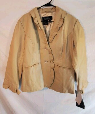 Vintage Terry Lewis Women's 1X Beige Ruffle Front & Cuffs Leather Jacket New Tag