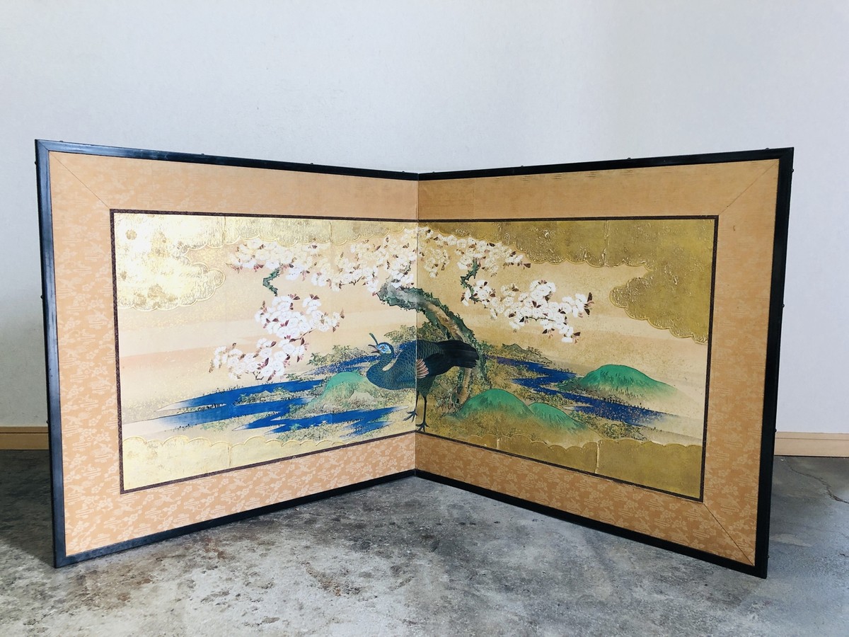 Y4936 BYOUBU folding screen cherry blossoms peacock Japan antique