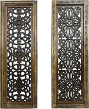 Floral Hand Carved Wooden Wall Panels, Assortment of Two, Rustic Brown