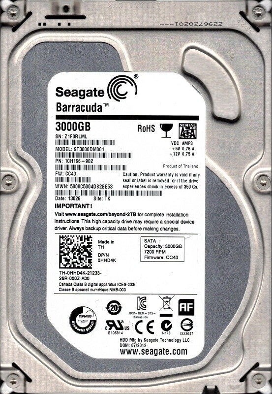 ST3000DM001 F/W: СС43 P/N: 1CH166-902 TK Z1F0 3TB Seagate