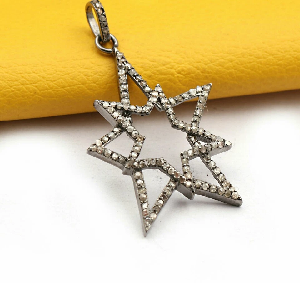 Pingente de estrela 925 prata pavê diamante estrela pingente colar pingente estrela dupla. - Imagem 2 de 4