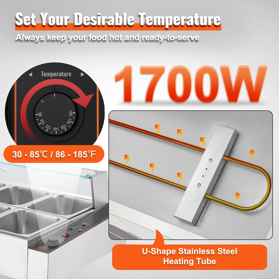 VEVOR Scaldavivande Commerciale 8 x 8,8 L Scaldavivande da Tavolo 1700 W Argento - Immagine 3 di 4