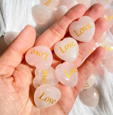 Natural Rose Quartz Crystal Gemstone Heart Carving Engraved Love Affirmation