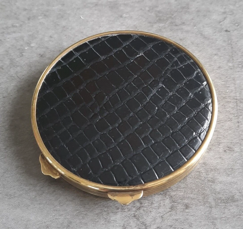 ANCIEN POUDRIER DE SAC EN LAITON ET CUIR NOIR VINTAGE - Photo 3/4