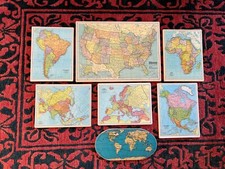 Vintage Wooden puzzles 'world maps' inlaid pieces