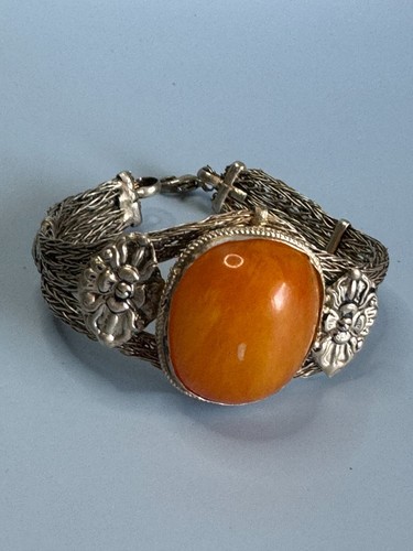 Tibetian Copal Silver Inlay Beeswax Amber Mesh Strand Bracelet - Picture 2 of 8