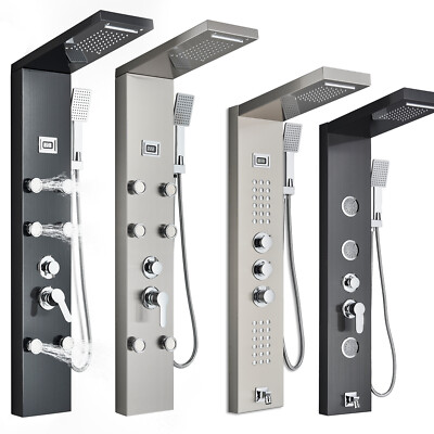 Stainless Steel Rainfall Waterfall Shower Panel Tower System Body Massage Jets