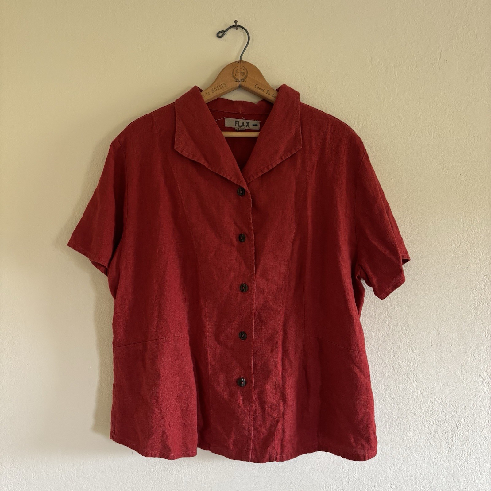 Flax 100% Linen Shirt Women’s Medium Short Sleeve Button Up Red Orange