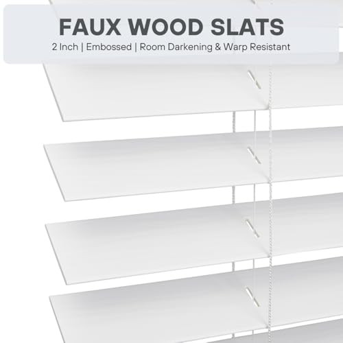 Cordless, 2 Inch Faux Wood Blind, 18" Wide x 48" 18"W x 48"H Bright White - Picture 5 of 7