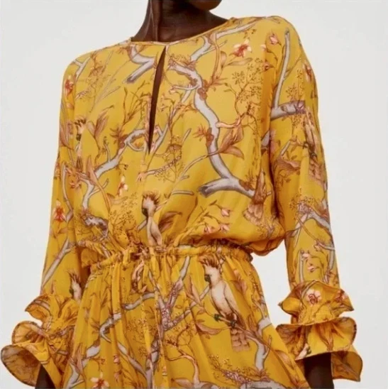 Johanna Ortiz x H&M Yellow Floral Long Sleeve Midi Ruffle Crepe Dress Size Large - Image 4 of 4