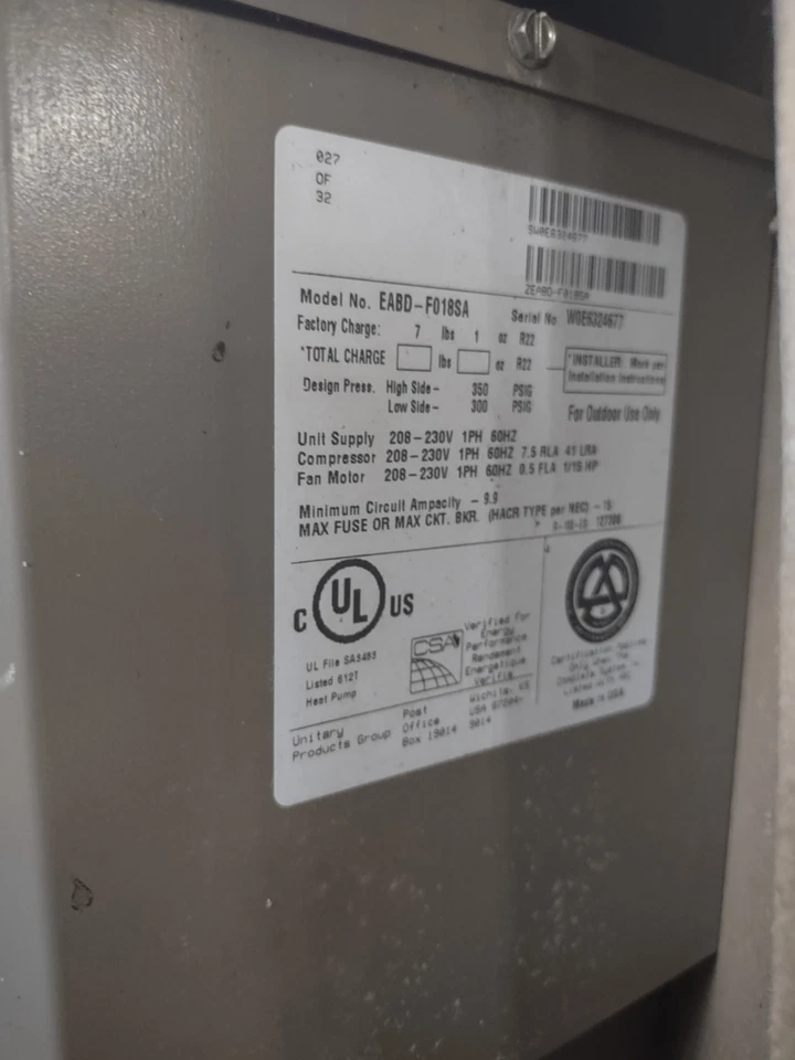 Unidad condensadora bomba de calor de 1,5 toneladas y manipulador de aire con ht st (1996-nunca instalado) Foto 2 de 4