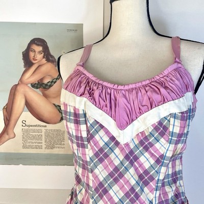 Vintage 50 s Pin Up Bathing Swim Suit Pink, Blue, White by Gantner, CA Size S/M