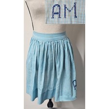 Vtg 50s Half Apron Gingham Plaid Blue Embroidered AM Cross Stitch Cottagecore
