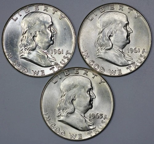 1961 and 1963 Franklin 50c Silver Half Dollar Lot of 3 UNC