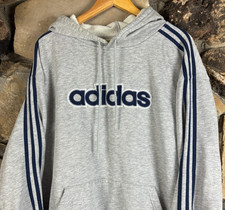 Vintage 90s Adidas Hoodie Sweatshirt Mens Large Gray 3 Stripe Spell Out USA