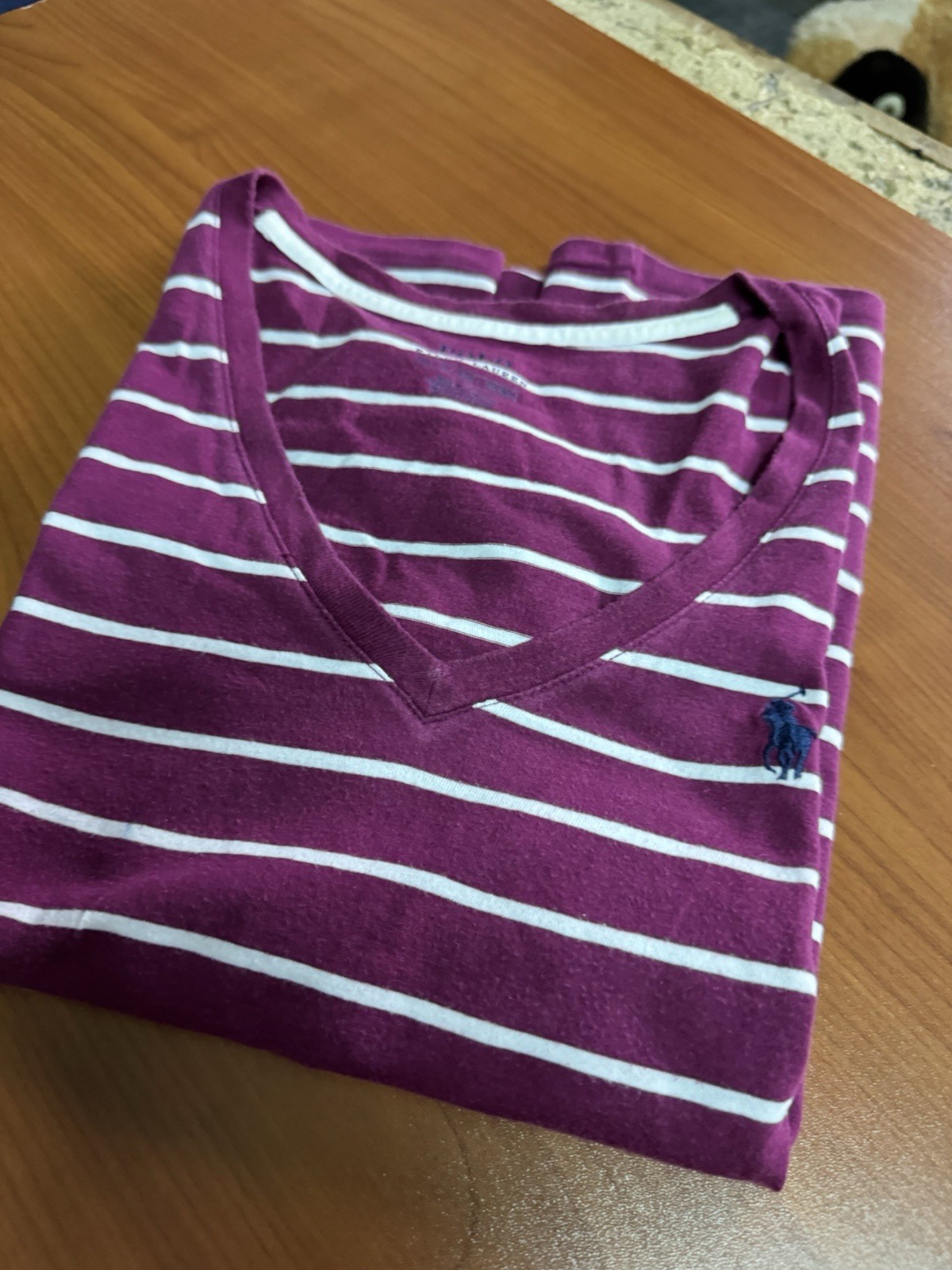 Polo Ralph Lauren T-shirt Uomo Jersey Cotone a Righe Viola/Bianco Scollo V Tg S