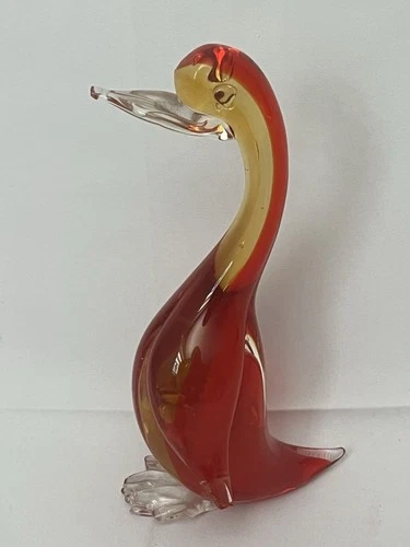 Vintage Murano Italy Art Glass Red Orange Duck Figurine