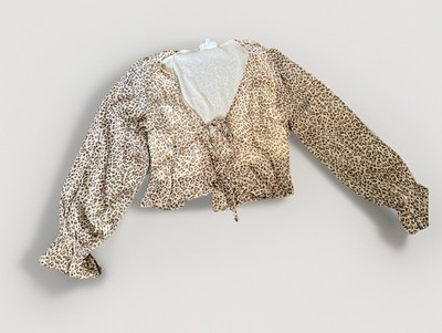 Mable Cheetah print tie front sweetheart neckline blouse Sheer Cropped Top Small