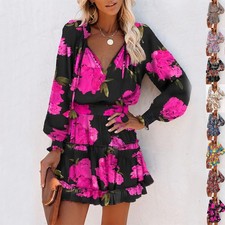 Women's Boho Floral Fit & Flare Mini Dress Long Sleeve V Neck Ruffle Hem XS-XXL