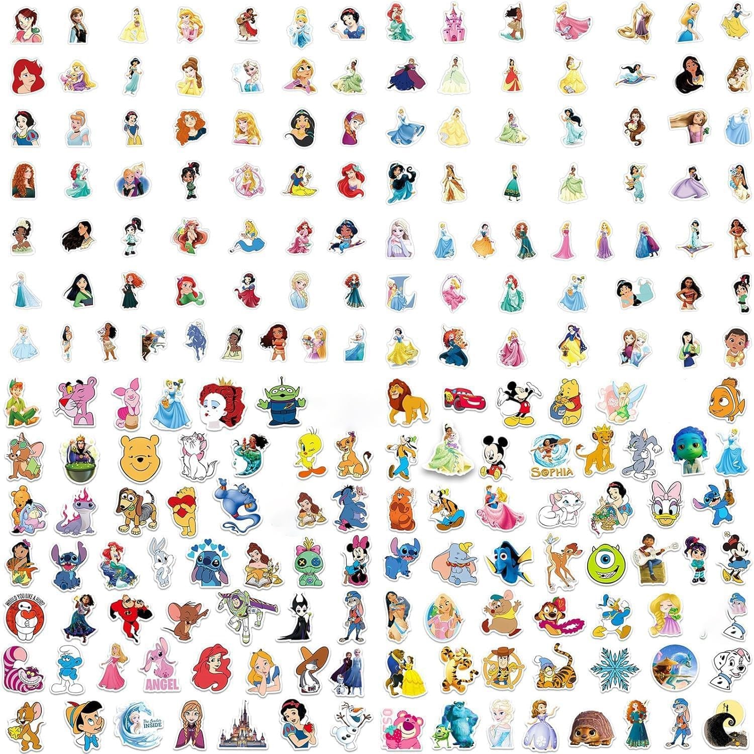 200Pcs Disney Princess Cartoon Vinyl Stickers Waterproof for Kids Teens Adults