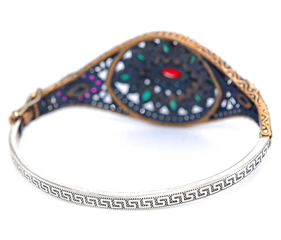 Ottoman Empire Style 12CT Treated Ruby & Garnet 925 Sterling Silver Bracelet - Image 3 of 3