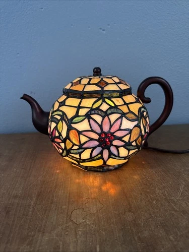 Vintage Tiffany Style Floral Stained Glass Tea Pot Table Lamp Night Light T