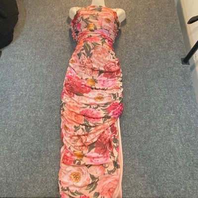 Express Floral Ruched Bodycon Dress Women Size Medium Pink Peach Sleeveless Mini