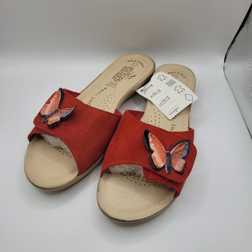 Fly Flot Anti Shock Ladies Sandals Mules Red Suede Leather Adjustable Width... - Picture 3 of 12