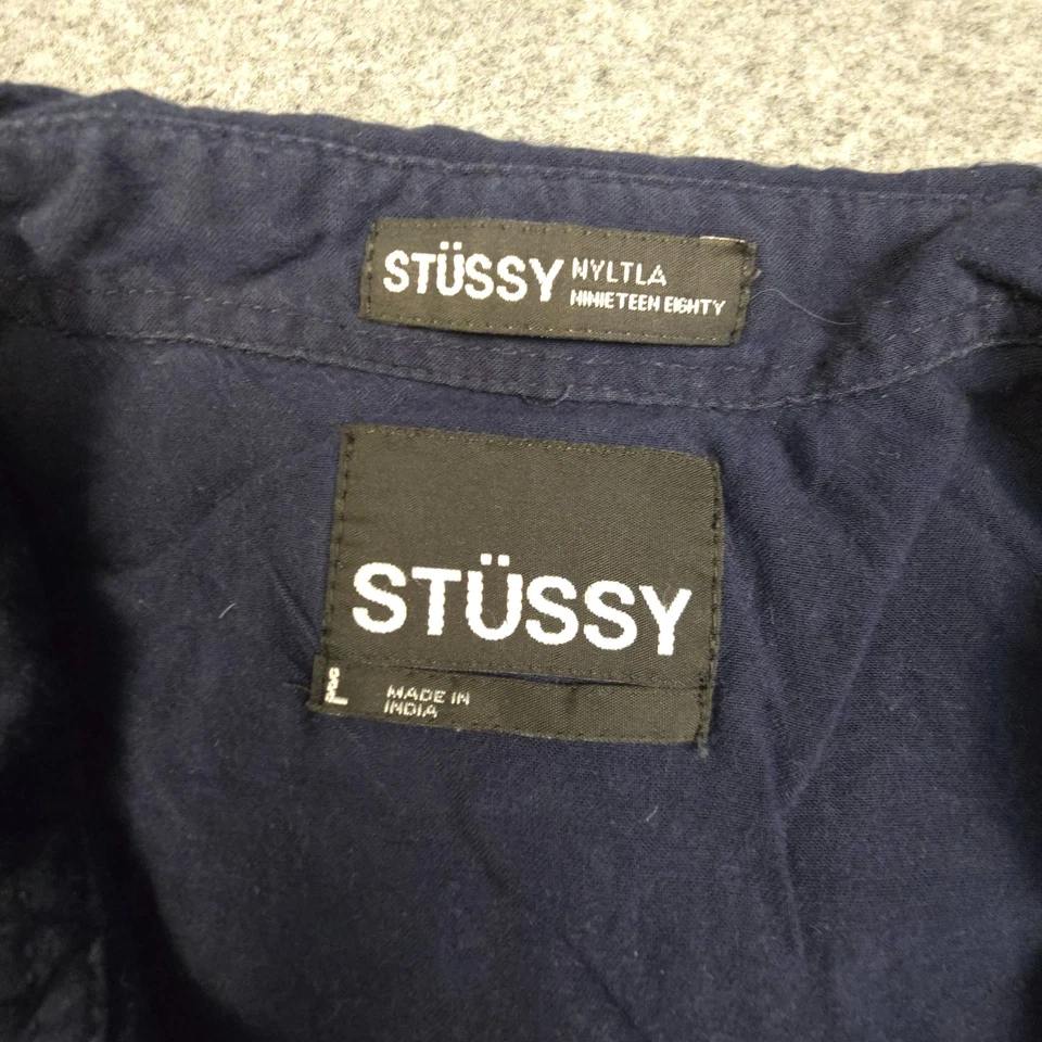 Camisa Stussy Para Hombres GRANDE Azul Manga Corta Cuello Abotonado Informal Talla L Foto 3 de 4