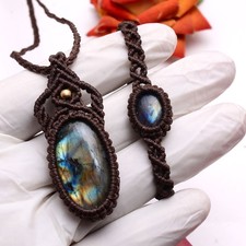 Ciondolo e bracciale boho in labradorite naturale cristallo boho macramè set gioielli