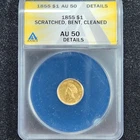 Gold 1855 US Indian Princess $1 | ANACS AU50 Details - Scratched, Bent, Cleaned