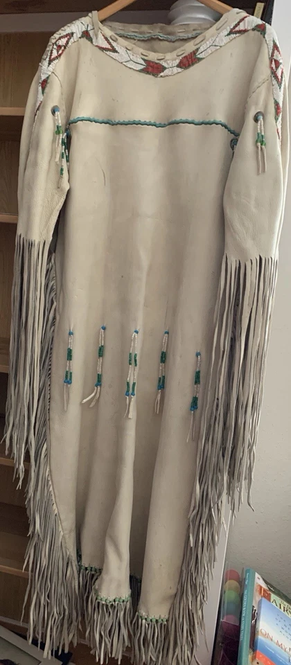 Native American Vintage Handmade Beaded Buckskin Leather Dress Kewa Pueblo  - Image 3 of 4