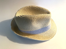 NEW - Boys Beige Straw Fedora Sun Hat w/ blue/grey trim Fits 0-9M