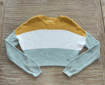 Hollister Color Block  Crop Sweater Size XS Stripe Yellow White Teal