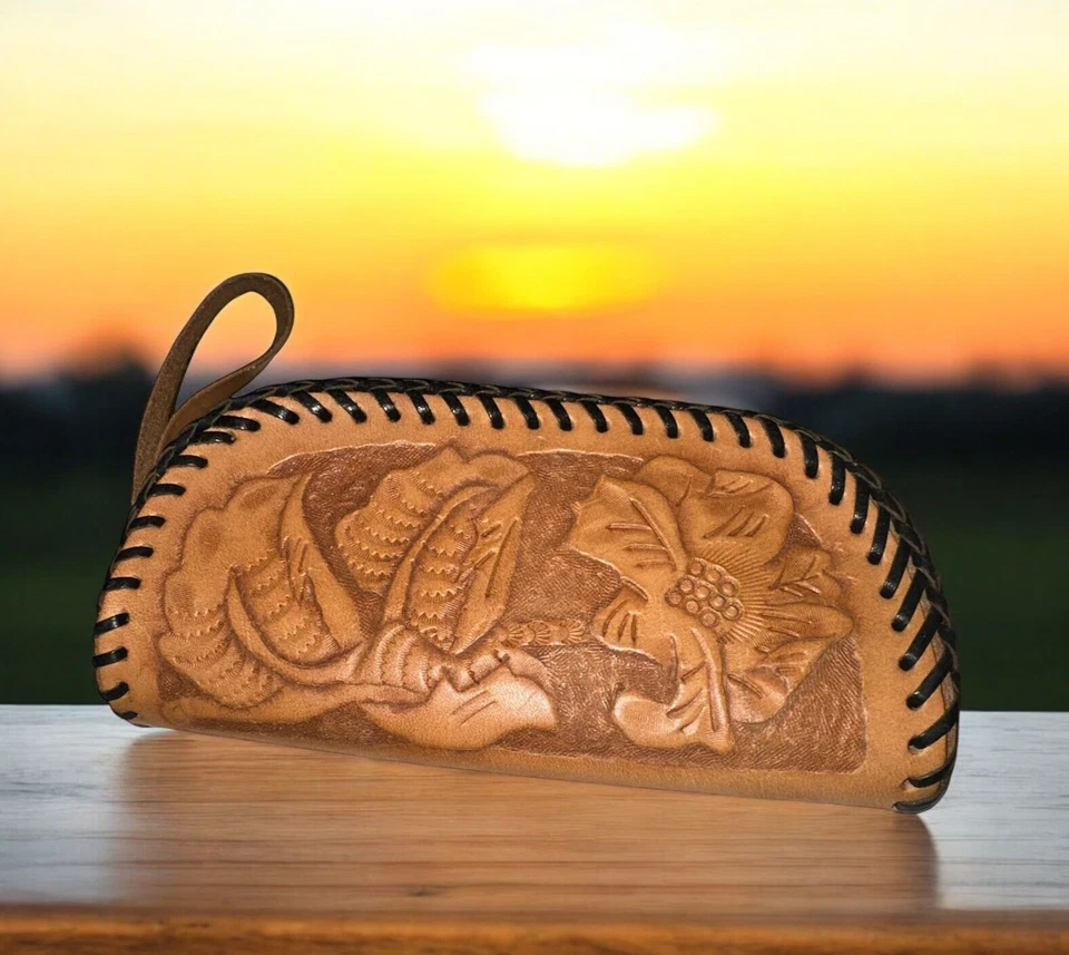 Estuche para gafas pequeño de cuero para herramientas billetera cremallera única vintage Foto 2 de 4