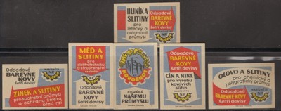 MATCHBOX ETIKETTEN TSCHECHOSLOWAKEI - Kovosrot seltene Metallschrott komp, 6er Set - **