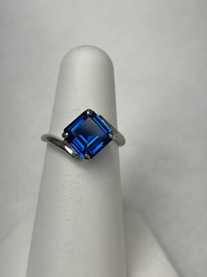 10K White Gold Ring with Square Synthetic Sapphire Size 5.5
