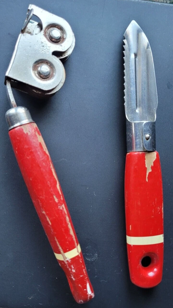2 EKCO Stainless steal VTG knife sharpaner and Apple Peeler Red Handle Stripe