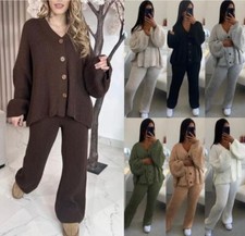 Ladies Rib Knitted Button Cardigan Palazzo Trousers Suit Womens Lounge Wear Set
