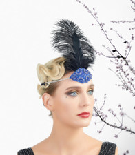 1920s Flapper Blue Headband Feather Beaded Headpiece Roaring 20s Gatsby Party