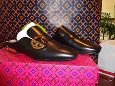 NIB TORY BURCH "Sidney" Black Backless Loafer Mules Leather/Gold Sz 5.5  358