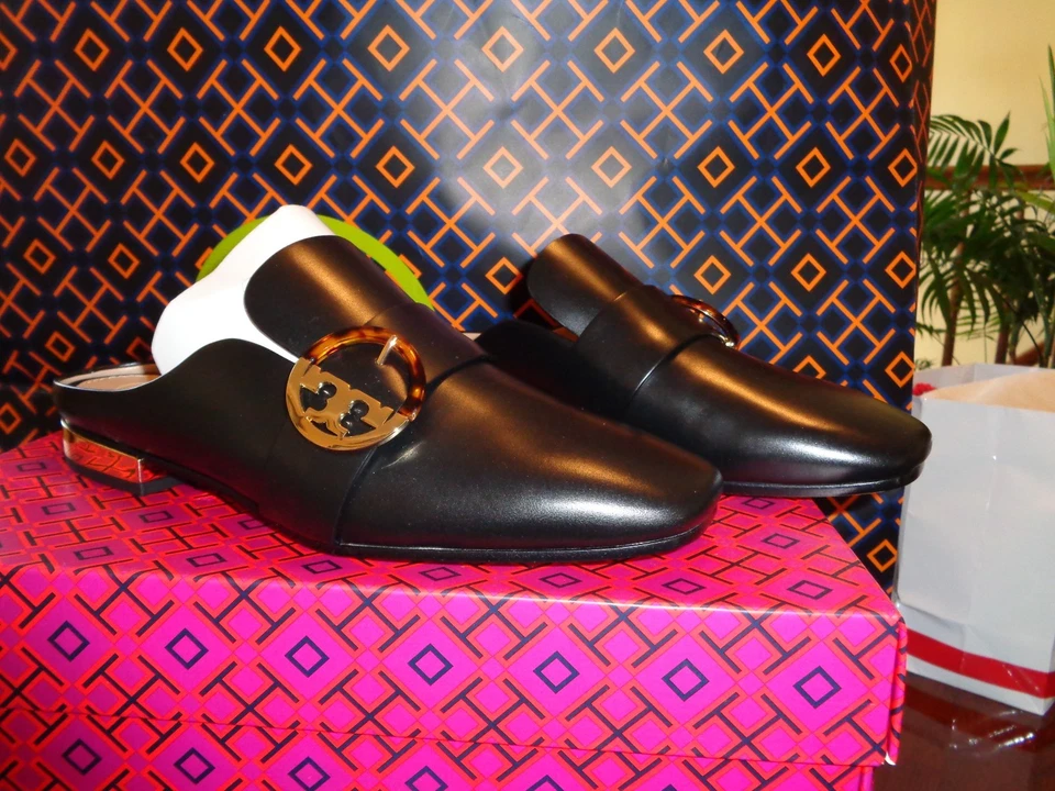 NIB TORY BURCH "Sidney" Black Backless Loafer Mules Leather/Gold Sz 5.5 $358