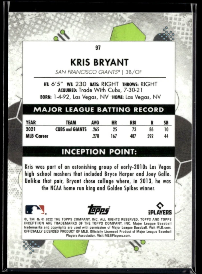 2022 Topps Inception #97 Kris Bryant BB01R02B - Image 2 of 2