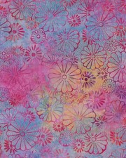 Kaufman Artisan Batik, Flowers on Mottled Blue, Yellow  Pink, by HALF yd