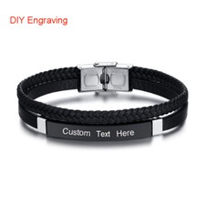 Personalised Men Jewelry Custom Engraved Leather Stainless Steel Bracelet Bangle