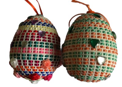 Vintage Needlepoint Plastic Canvas Easter Egg Basket Ornaments 3D Handmade Pair